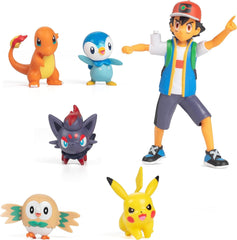 Prêt pour le combat Pokémon ! Ensemble de figurines 6 pièces - 11,4 cm Ash & Launching Pikachu, 5,1 cm Charmander, Rowlet, Tiplup, Zorua - Licence officielle - Cadeau de Pâques pour enfants, garçons et filles Figurines Naty Shop