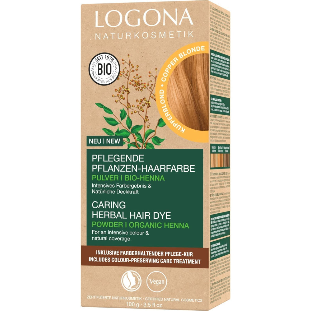 LOGONA Natural Cosmetics Teinture capillaire nourrissante à base de plantes, teinture capillaire végétalienne en poudre de henné biologique pour une couleur et une brillance intenses, teinture capillaire à base de plantes en blond cuivré (blond), 1 x 100 g Naty Shop Coloration capillaire blond cuivré 100 g (1 paquet)