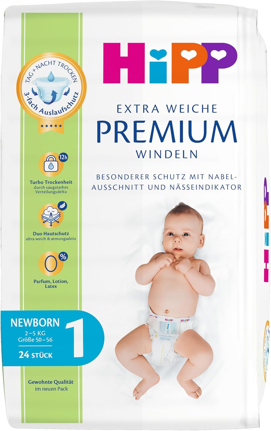 Couche HiPP Extra Soft Premium Taille 1 Nouveau-né 2-5 kg, 72 pièces (3 paquets de 24), avec protection contre les fuites à 3 voies et double protection cutanée