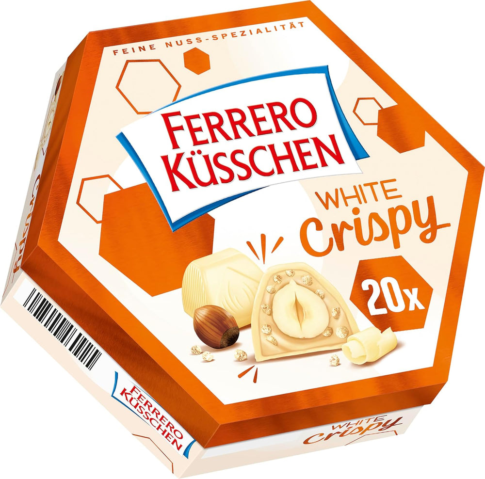 Ferrero Küsschen White Crispy - Cadeau de Saint-Valentin pour elle et lui - Noisettes grillées croustillantes à la crème légère avec éclats croustillants, enrobées de chocolat blanc, 1 paquet de 20 pralines individuelles