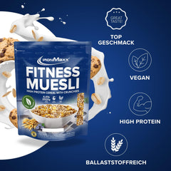 IronMaxx Fitness Muesli - Biscuits et crème, sac de 2 kg | Muesli végétalien riche en protéines et croustillant | Faible en sucre et riche en fibres