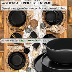 SÄNGER Madère | Service de table combiné 24 pièces, service de table en grès pour 6 personnes, 6 assiettes plates, 6 assiettes de petit-déjeuner, 6 assiettes plates, 6 bols à pâtes, ensemble de vaisselle et de bols, noir mat | LA COLLECTION VALEUR