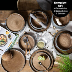 Moritz & Moritz SOLID Service de table en grès 18 pièces pour 6 personnes - Service de table pour 6 personnes, composé de 6 assiettes plates, 6 assiettes à dessert et 6 assiettes plates