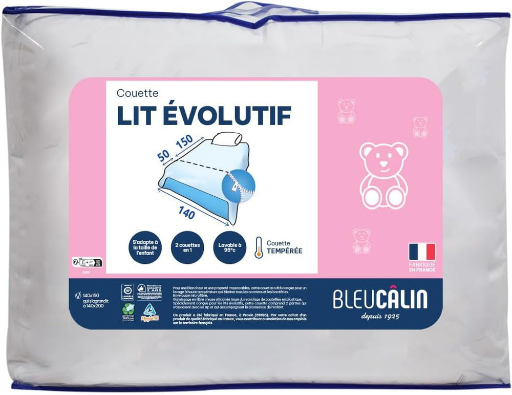 Couette enfant Bleu Câlin 140X(150+50) Cm Spécial lits enfants, couette trempée extensible jusqu'à 140X200 Cm, lavable à 95°, blanc Couettes et couettes Naty Shop Unique Couverture extensible pour lit bébé - 140 X (150 + 50 Cm).
