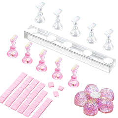Suport acrilic pentru unghii Makartt, suport pentru unghii magnetic, suport pentru unghii, suport pentru unghii roz transparent, cu 48 de chit adeziv