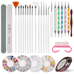 Nail Art Dekorationen & Nagelpinsel Set, Nageldesign Zubehör, Nagelset 5 Stk 2 Wege Punktierung Stift, 15 Malerei Polnisch Pinsel Set, 10 Streifenband, 4 Boxen Bunte Nagel Strass Dekoration