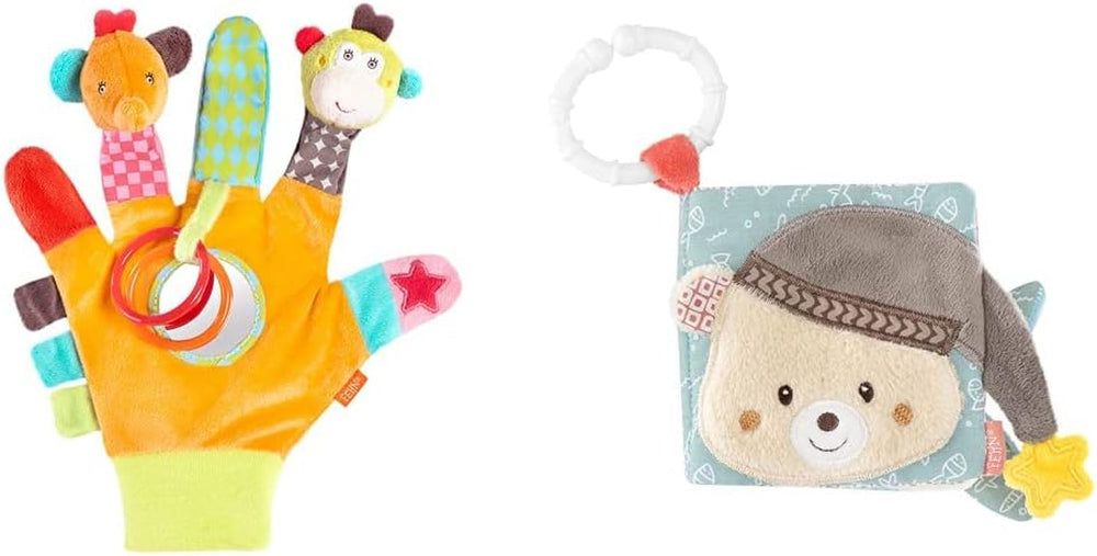 Fehn play gant safari - marionnettes à doigts jouet pour bébé singe et éléphant pour saisir et faire des bruits & livre d'images doux Bruno - livre tactile pour enfants avec motifs animaux Bebe Toys Naty Shop Safari