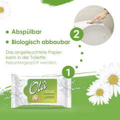 Papier toilette humide OLA - (1X40 pièces) Lingettes humides - extrait de camomille et acide lactique, lavables, peaux sensibles - 40 pièces