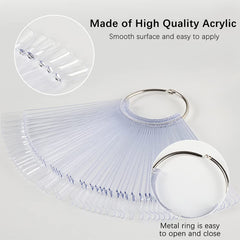 300 bâtonnets d'ongles transparents, dessins d'ongles en forme d'éventail, pointes d'affichage couleur avec 6 anneaux métalliques, plaque d'ongles artificiels pour salon de manucure et pratique du vernis gel pour débutants