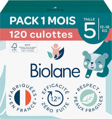 BIOLANE - Couches courtes - Taille 5 (12-18 kg) - étanchéité 12 heures - pack 1 mois - 120 couches - écologique