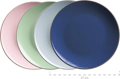 MÄSER 931870 Cadre en métal, Service de table moderne pour 4 personnes avec cadre couleur laiton, Service combiné de 16 pièces avec formes coupées sans cadre, Multicolore, Grès, Pastel'n'Blue