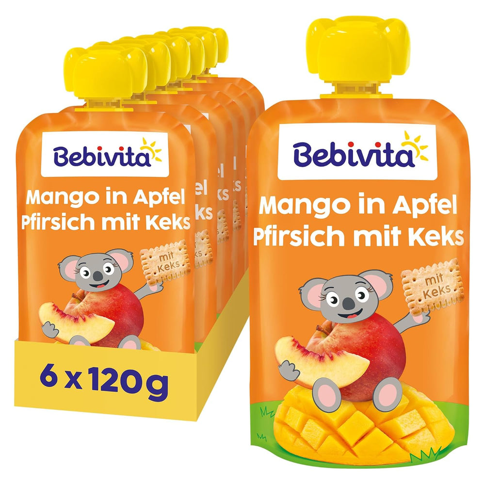 Mango în sos de mere și piersici cu plic de biscuiți (6 x 120g), fără zahăr adăugat, preparat din fructe blânde și cereale valoroase, ideal pentru gustări la pachet și pentru deplasare.