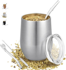 Cana modernÄ pentru mate 340 ml, set de cÄni pentru yerba mate din oÈel inoxidabil cu pereÈi dubli izolaÈi, canÄ pentru ceai mate cu capac fÄrÄ BPA, bombillas Èi o perie de curÄÈare (argintiu)