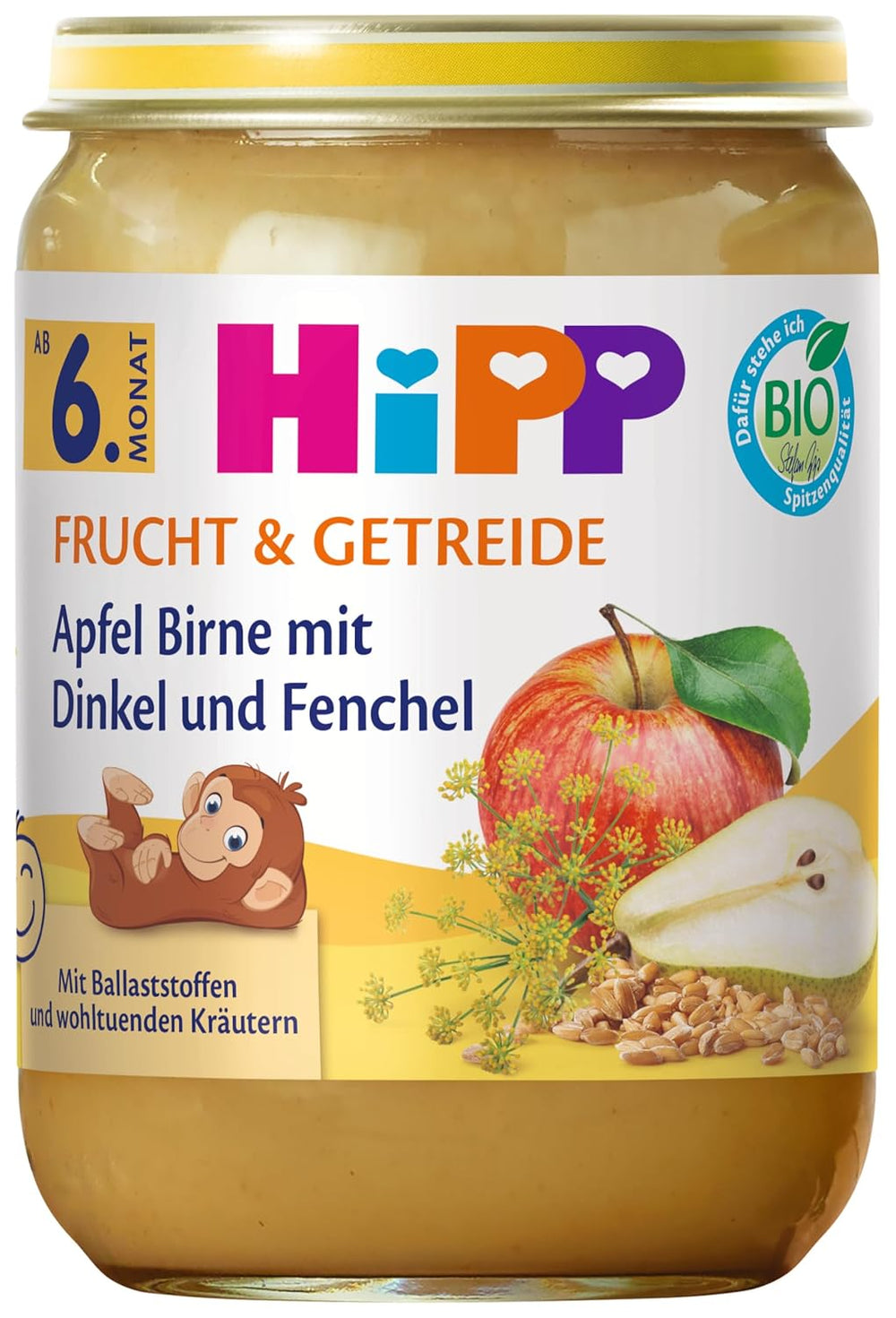 HiPP Bio Apple Birne mit Dinkel und Fenchel (6 x 190g), ab 6. Monat, mit Bio-Vollkorngetreide et wohltuenden Kräutern, nur natürliche Süße aus Früchten, in best Bio-Qualität