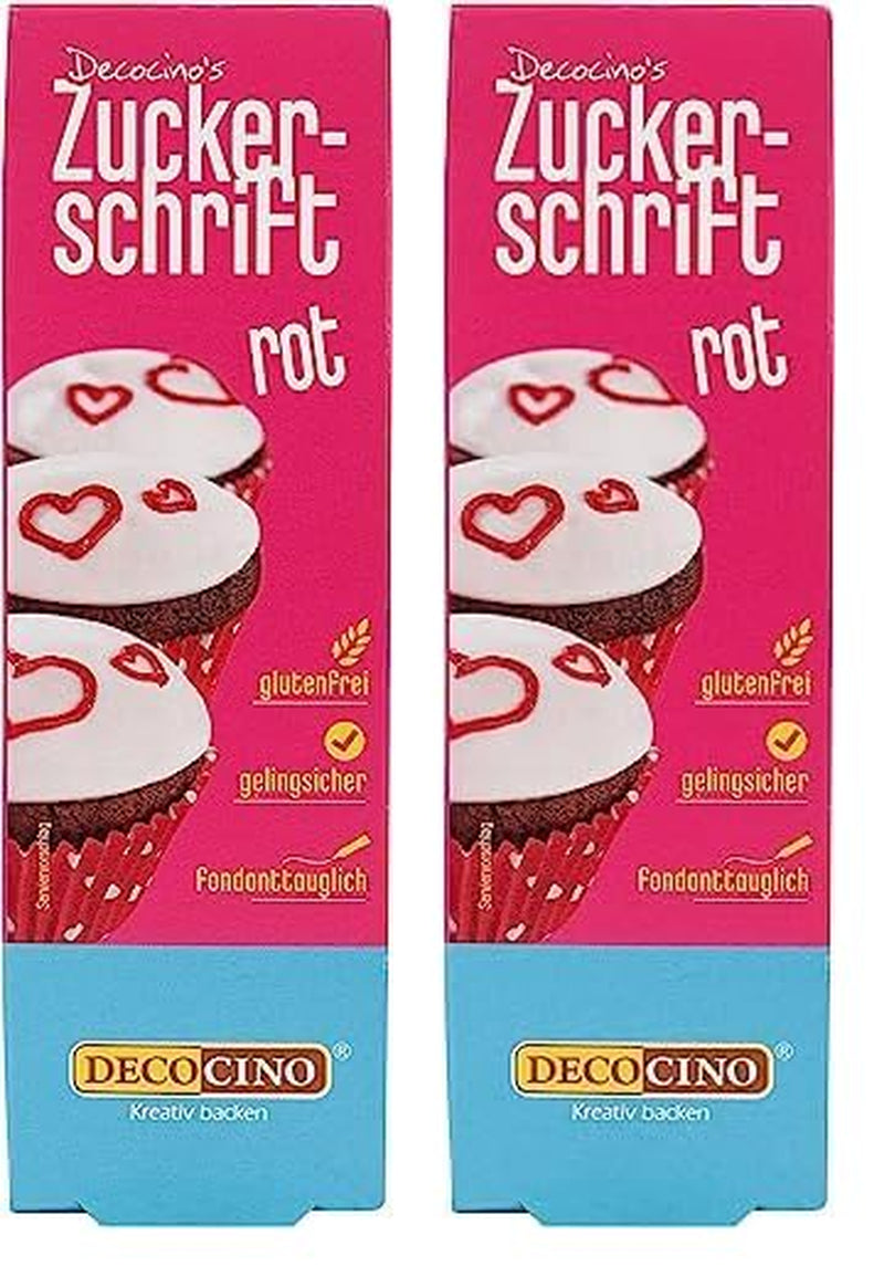 Decocino Lettrage en sucre rouge – Lettrage colorant alimentaire – Tube pratique pour étiqueter le fondant et le glaçage – Décorations de pâtisserie pour gâteaux, gâteaux et cupcakes ! (Paquet de 2)