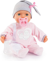 Bayer Design 93829AA Poupée interactive My Piccolina avec fonction, Poupée parlante, Bouge la bouche, 38 cm, Tétine, Biberon, Rose, Gris