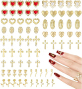 Breloques à ongles dorées, 80 pièces, croix, cœur, vierge marie, pierres précieuses en alliage métallique, accessoires pour manucure, décorations de conception, artisanat à faire soi-même