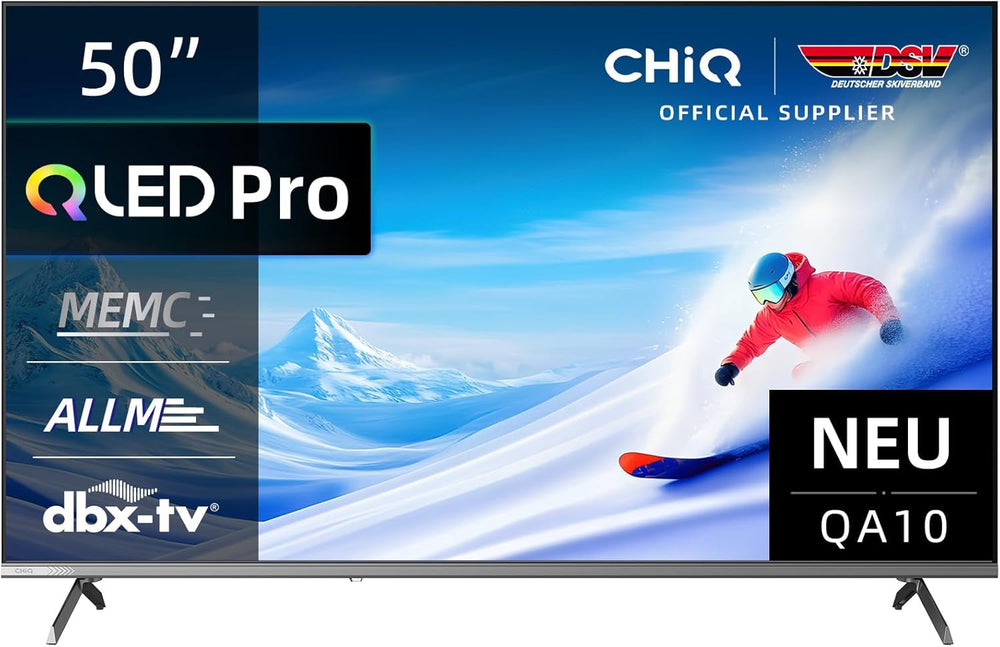 CHIQ 50QA10 Téléviseur intelligent QLED 4K UHD 50 pouces avec Google, QLED Pro, DLG 120 Hz, MEMC, VRR, ALLM, HDR10, Dolby Audio, 4x HDMI 2.1, large gamme de couleurs, boîtier métallique sans cadre, Chromecast, Google Assistant