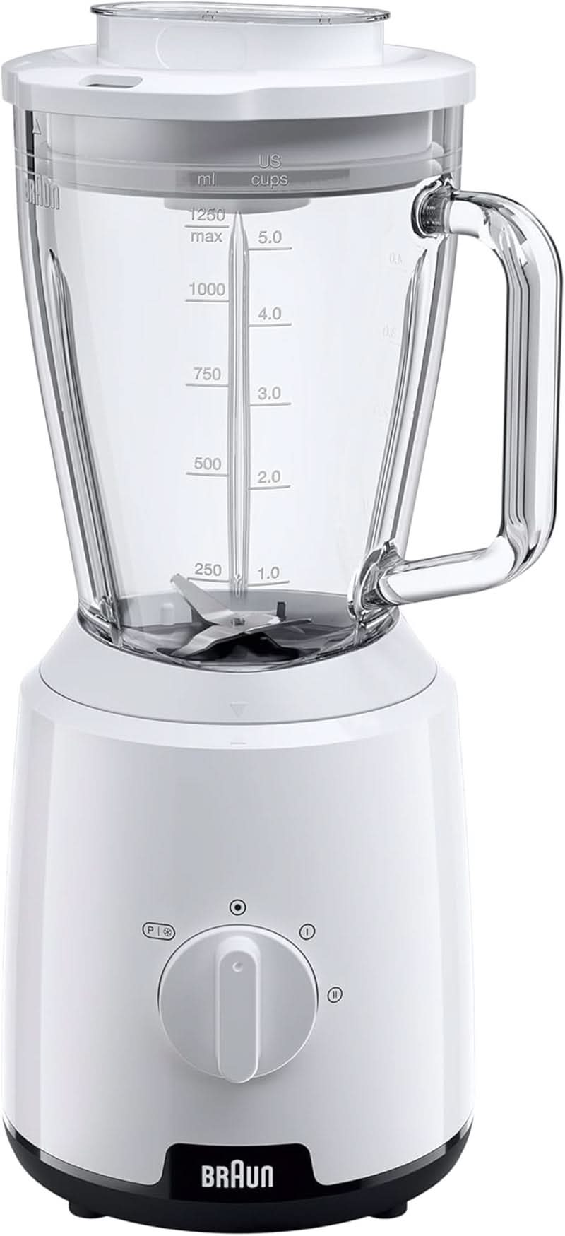 Braun Powerblend 1 JB1050WH - Batteur sur socle avec 1,5 L de mélangeurs en verre, accessoires de cuisine pour les mélangeurs, les purificateurs et les mixeurs, fonction Ice-Crush, 2 vitesses, 600 watts, blanc Bucatarie Naty Shop blanc mélangeur de verre
