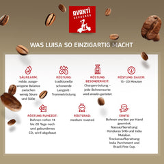 Crème en grains de café Avanti Luisa 1000g, mélange 90% Arabica-10% Robusta, arôme délicat et fruité, torréfaction traditionnelle au tambour