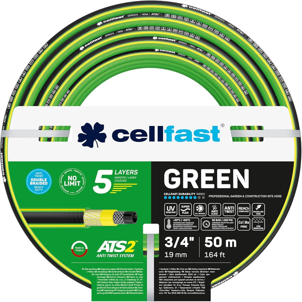 CELLFAST Tuyau d'arrosage 5 Couches Tuyau d'arrosage Double Tressé Tuyau d'irrigation transfrontalier résistant aux UV Anti-Algues Flexible 30 Bar 3,4" 50 mètres Vert