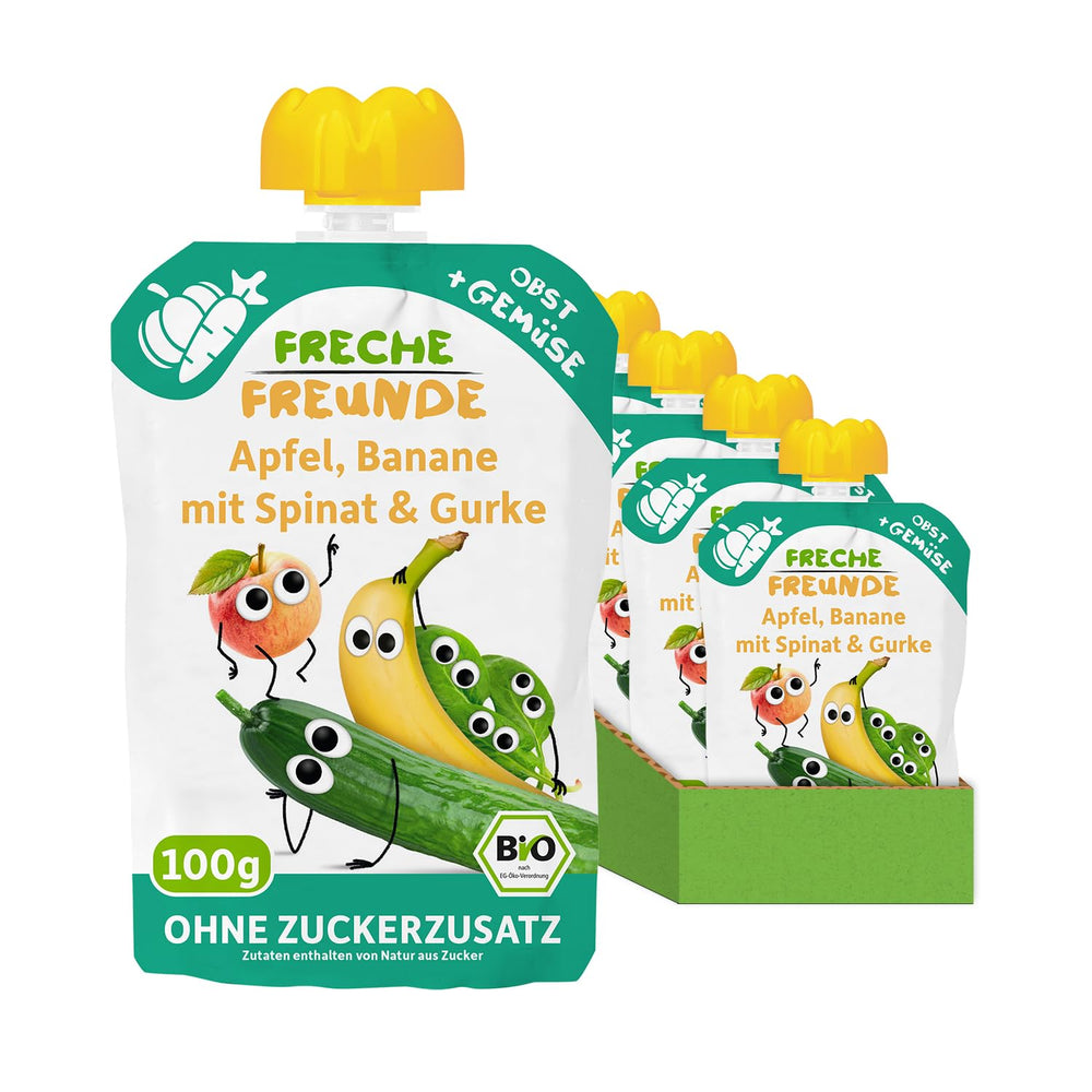 FRECHE FREUNDE Sachet de fruits à presser bio avec pommes, bananes, épinards et concombre, purée de fruits et légumes dans un sachet à presser pour bébés à partir de 6 mois, végétalien, lot de 6 (6 x 100 g)