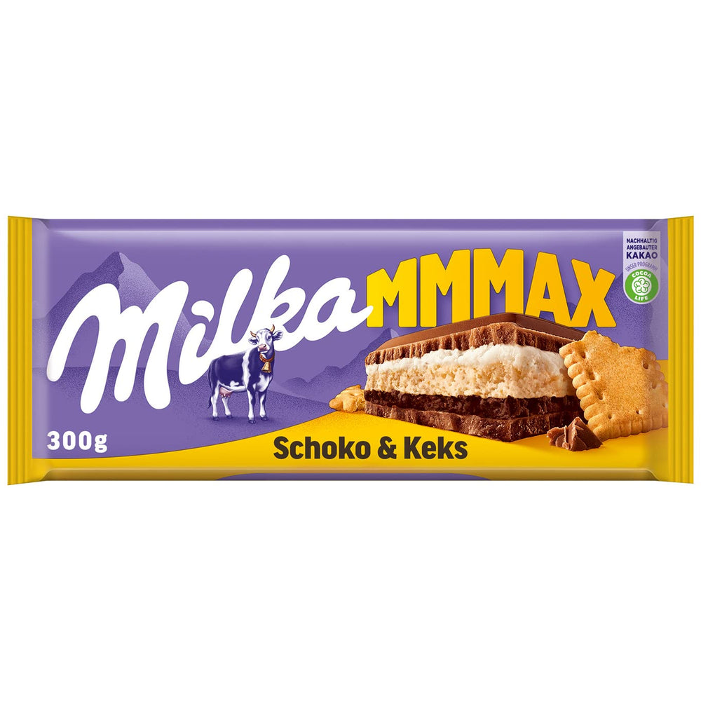 Milka Mmax Chocolat et Biscuits – Chocolat au lait alpin fourré à la crème de lait et morceaux de biscuits croustillants – 300g