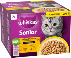 Hrană umedă Whiskas 7+ pentru pisici, selecție de păsări de curte în sos, 24 x 85 g (2 pachete) – Hrană umedă de înaltă calitate, de la 7 ani, în pliculețe cu 48 de porții