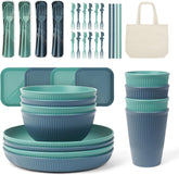 Ensemble de vaisselle de camping 53 pièces pour 4 personnes, vaisselle de camping indestructible pour 4 personnes, ensemble de vaisselle en plastique léger avec sac de transport, assiettes et bols empilables, vaisselle de pique-nique de jardin pour barbecue