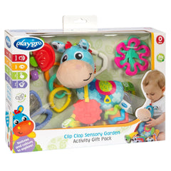 Playgro Clip Clop Coffret Cadeau d'Activités Sensorielles de Jardin - Jouet de Jardin Sensoriel pour Bébés à partir de 0 Mois - Jouet Interactif avec Hochets, Anneau de Dentition et Ami de la Poussette - 4 Pièces