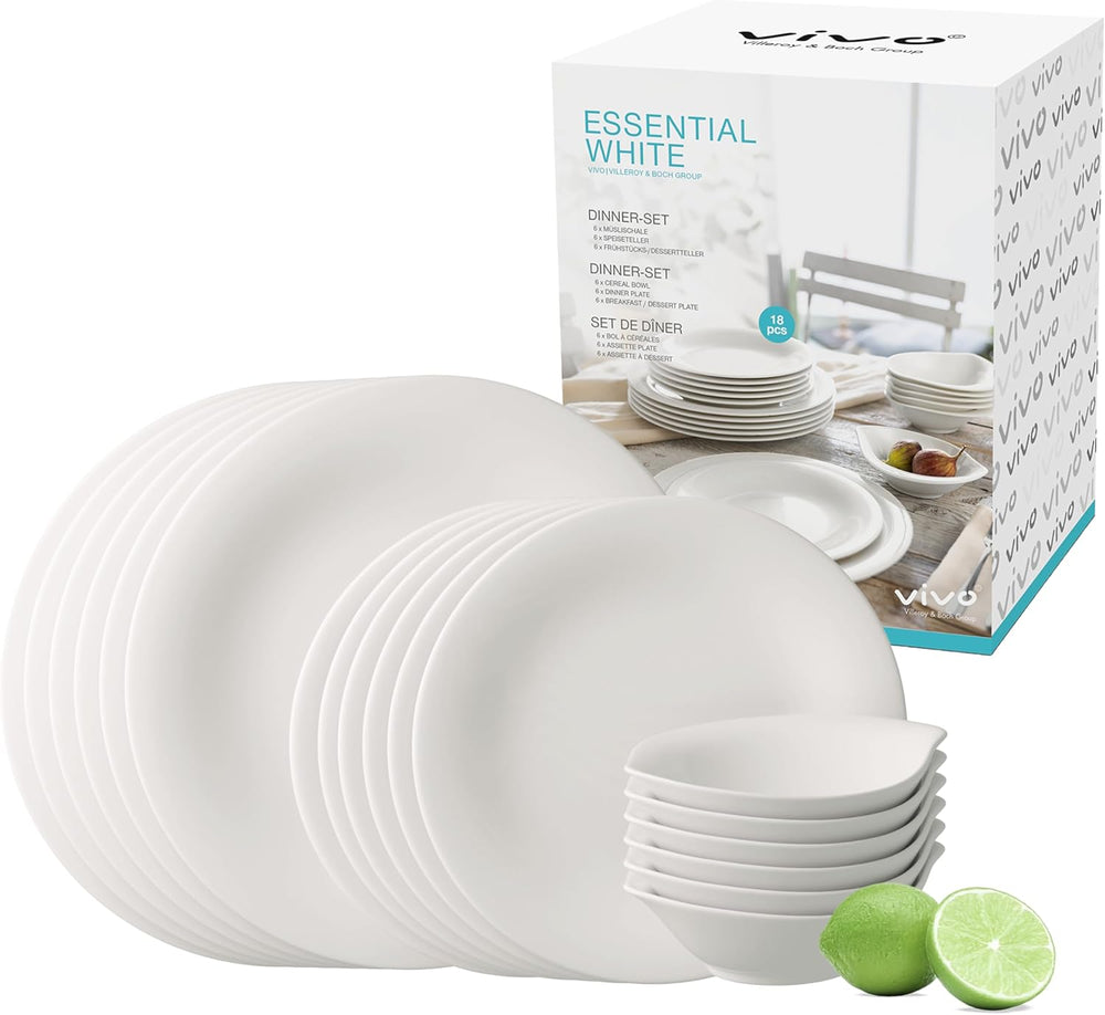 vivo - Villeroy & Boch Group – Service de table Essential Blanc 18 tlg. Blanc, Spülmaschinenfest, Mikrowellensicher, Geschirr Set für 6 Personen, Müslischalen, Speiseteller, Dessertteller, Premium Porzellan