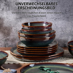 Service de table pour 6 personnes, 24 pièces en carreaux de céramique, service de table rond irrégulier avec assiettes, assiettes à dessert, bols à céréales, passe au micro-ondes et au lave-vaisselle, vert toundra réactif