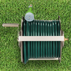 Relaxdays Enrouleur de Tuyau en Métal, Enrouleur de Tuyau Creux, Acier Inoxydable et Aluminium, Montage au Sol et Mural, 30,5x45x36,5cm, Argent