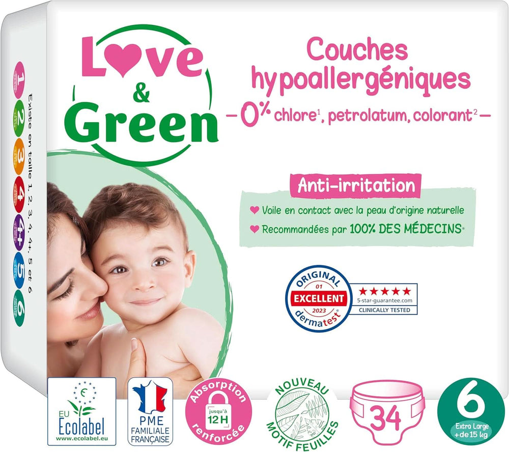 Love & Green, Couches pour bébés, hypoallergéniques, taille 6 (34 unités) Mère et Enfant Naty Shop