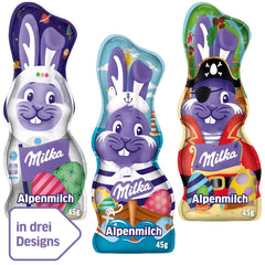 Milka Smiling Bunny Alpine Milk Design Edition - Chocolat de Pâques avec 3 motifs différents - 24 x 45g