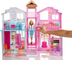 Barbie Dream House, maison de ville sur 3 étages et 5 pièces, comprend des accessoires comme des meubles, pliable et rangement, jouet pour 3 ans et plus, DLY32