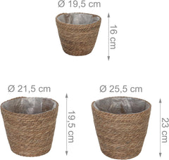 Relaxdays Pots de Fleurs, Lot de 3, Roseau, Pots de Plantes avec Film, 3 Tailles, Style Boho, Pots Ronds, Naturel