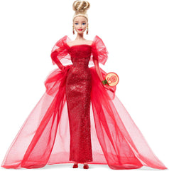 Barbie Signature Doll 80e anniversaire Mattel Figurine de collection en robe de tulle rouge scintillant avec boucles d'oreilles en forme de larme et gants délicats cheveux blonds JBJ17