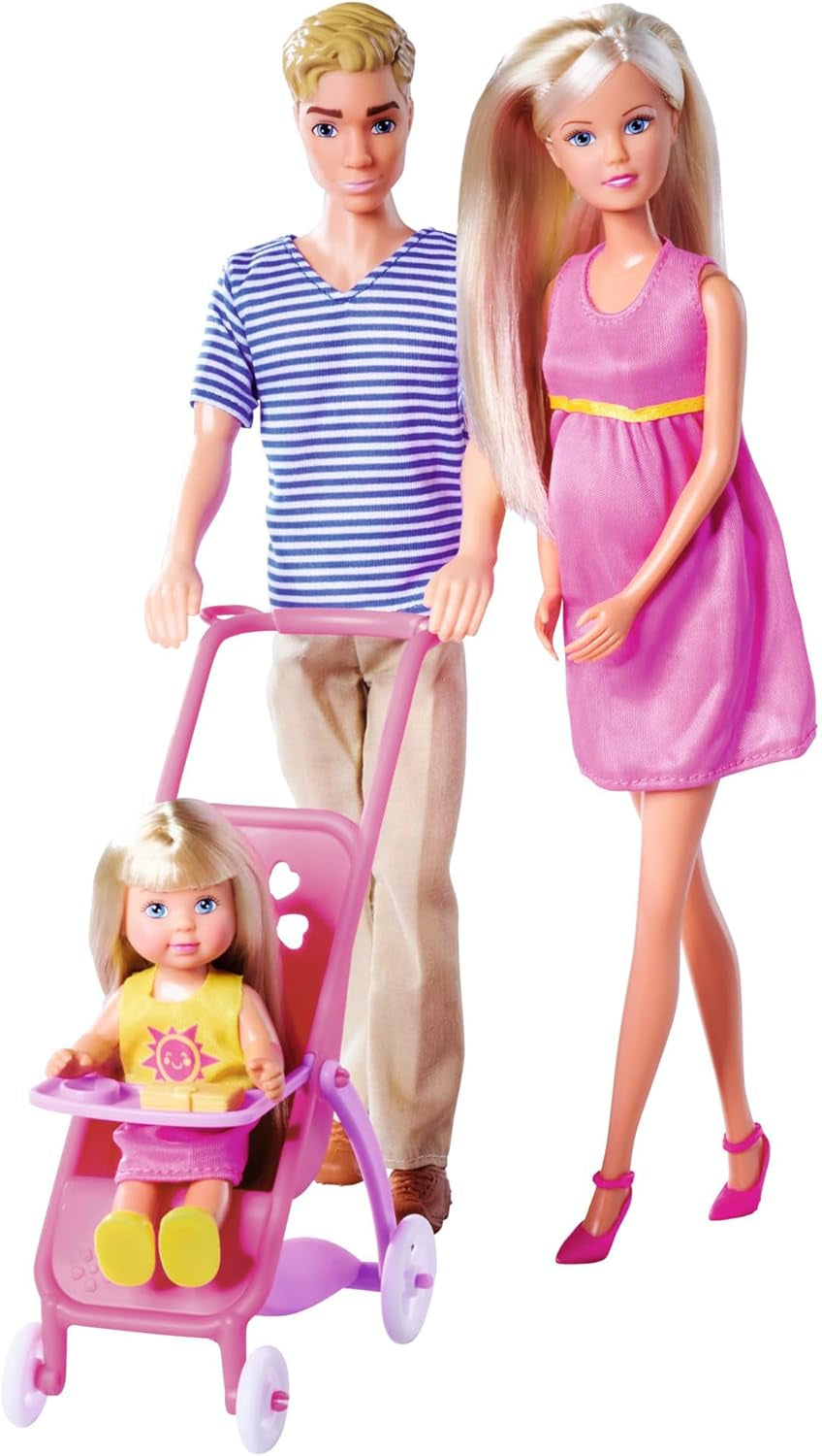 Simba 105733673 - Steffi Love Happy Family, poupée enceinte, Kevin, Evi et bébé avec poussette, 11 pièces, accessoires, 30 cm, à partir de 3 ans