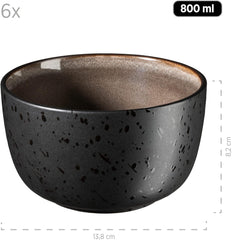 MÄSER 934020 Série Niara, Service de table moderne pour 6 personnes au look vintage passionnant, Service de petit-déjeuner en céramique de 18 pièces, Gris et noir, Grès