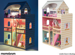 A405 Maison de poupée éclairée par LED - 3 étages et ensemble de meubles - Maison de jeu en bois comprenant des accessoires : cuisine, salle de bain, chambre à coucher - Cadeau pour les filles de 3 ans et plus Maisons de poupées Naty Shop