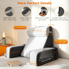 Grand coussin de lecture avec repose-nuque et accoudoirs amovibles, coussin de dossier pour lit, coussin de dos ergonomique avec bras, poche et housse lavable pour lire et regarder la télévision.