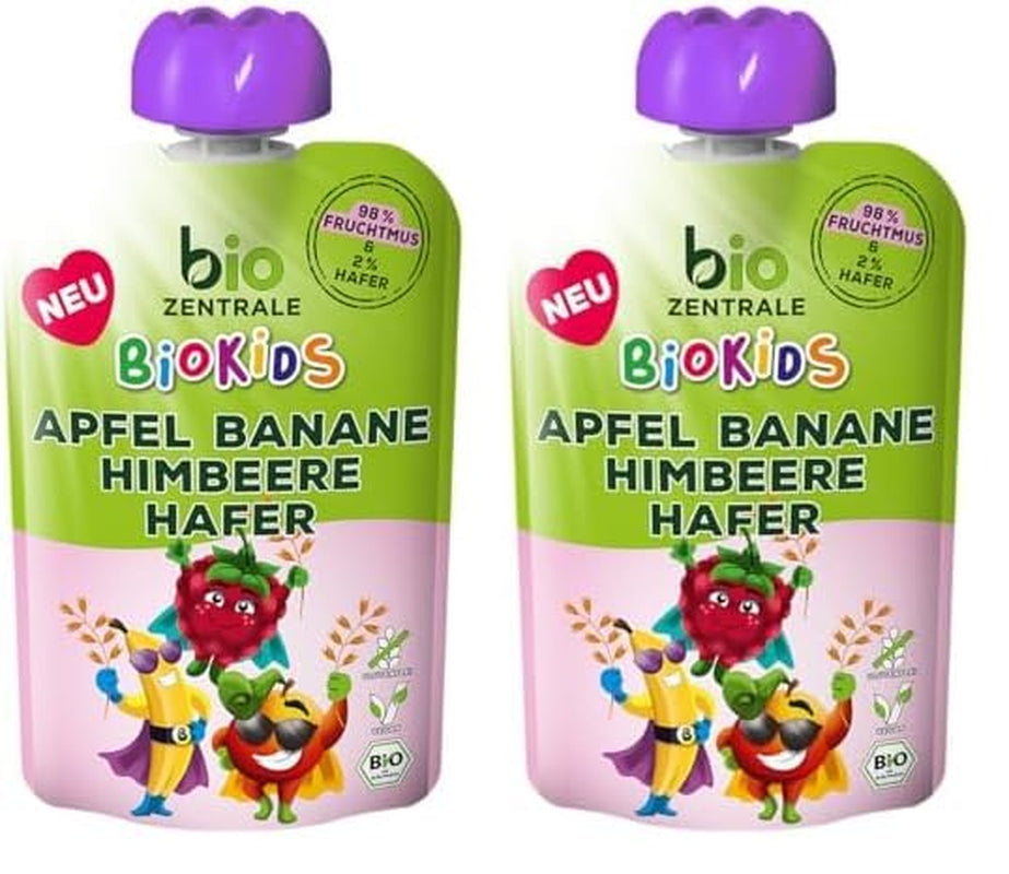 biocentral BioKids Purée de fruits Pomme Banane Framboise Avoine | 12x90g | Snack fruité sans sucre ajouté | Végétalien (Pack de 2)