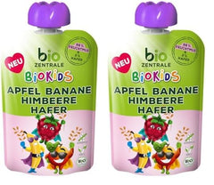 biocentral BioKids Purée de fruits Pomme Banane Framboise Avoine | 12x90g | Snack fruité sans sucre ajouté | Végétalien (Pack de 2)