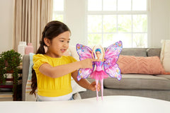 Barbie Danseuse et papillon 2 en 1 transformant la danseuse en papillon avec ailes ouvertes, cheveux violets, accessoires pour cheveux et tutu détachable, HXJ10