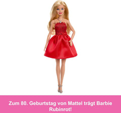 Mattel Rubinrote Blonde Barbie-Party-Modepuppe zum 80. Jubiläum roten Kleid mit silbernen Schuhen und Halskette, Sammelspielzeug, JGD25