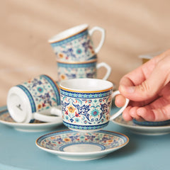 KARACA Beylerbeyi - Ensemble de 12 tasses à café turques, 6 tasses à expresso en porcelaine avec soucoupes, ensemble de tasses à expresso de 80 ml, design traditionnel - Bleu