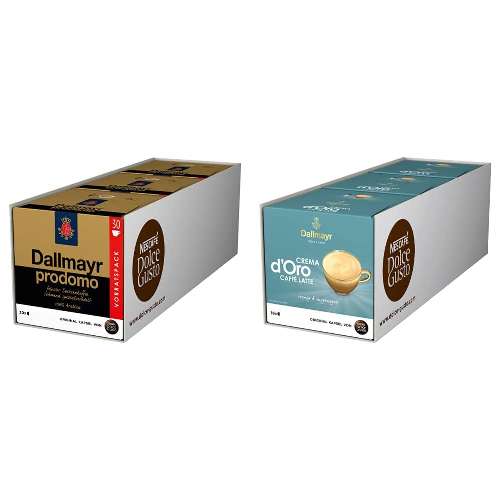 NESCAFÉ Dolce Gusto Dallmayr Prodomo, XXL-Vorratsbox, 90 Kaffeekapseln (3 x 30 Kapseln) & Dallmayr Crema d'Oro Caffè Latte (48 Kaffeekapseln, 48 Getränke, cremig&ausgefungen) 3er Pack (3 x 16 Kapseln)
