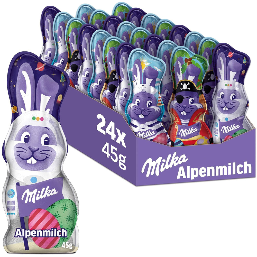 Milka Smiling Bunny Alpine Milk Design Edition - Chocolat de Pâques avec 3 motifs différents - 24 x 45g