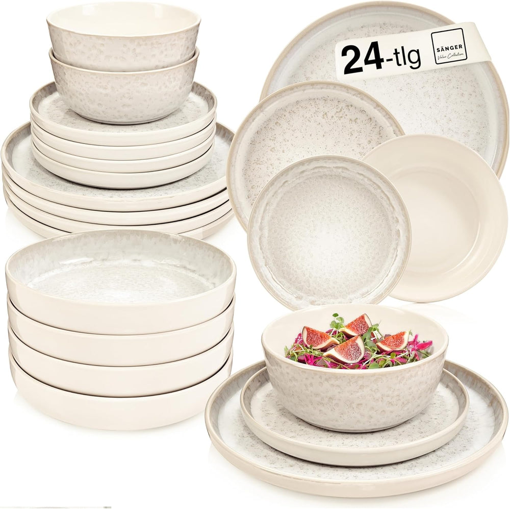 SÄNGER Key West | Service de table en grès 24 pièces pour 6 personnes, 6 assiettes à dîner, bols à céréales, assiettes à dessert, bols à pâtes, vaisselle à la crème avec texture sable | LA COLLECTION VALEUR